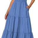RUMIA Women Casual Midi Maxi Dresses Short Sleeve V Neck Elastic Waist Vacation Dress Pockets (Blue, S)