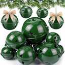Zhengmy 12 Pack Large Size Christmas Star Cutout Bells Ornament Jumbo Vintage Rustic Metal Sleigh Bell with Plaid Ribbon Jute Twine for Christmas Tree Hanging Holiday Party Farmhouse(Green)