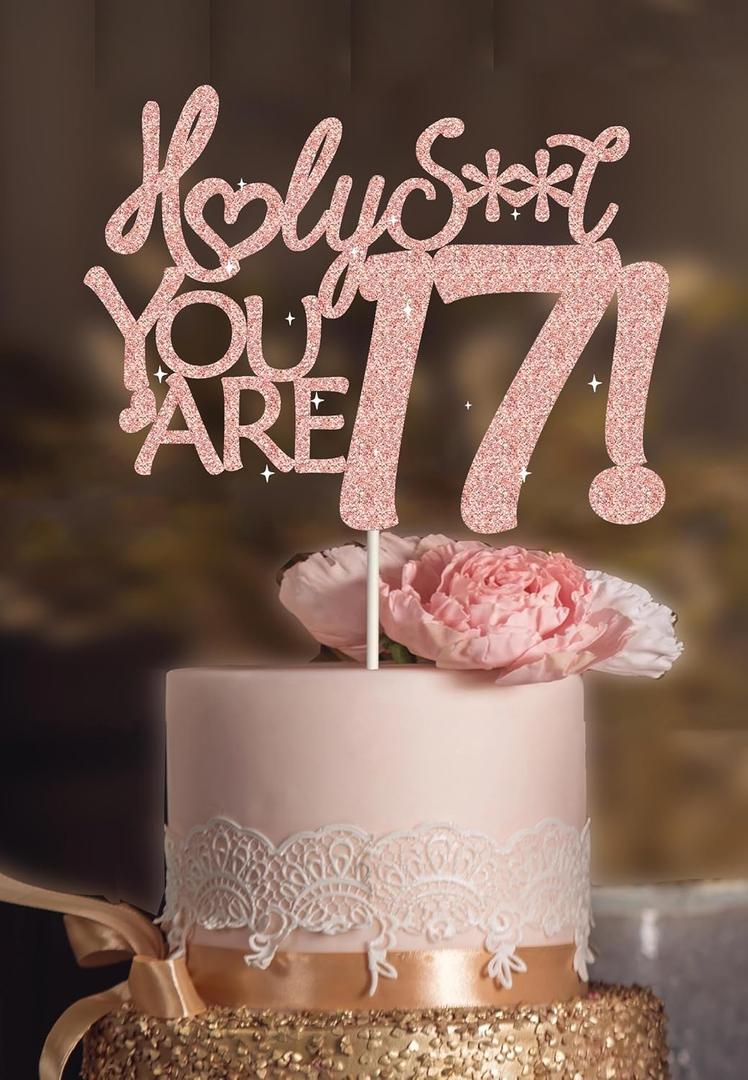 3 x 17th Birthday Cake Topper for girl - Double Sided Pink Glitter,Happy 17th birthday cake topper for girls, 17th birthday Cake Decorating for girl, Photo Booth Props,funny cake toppers