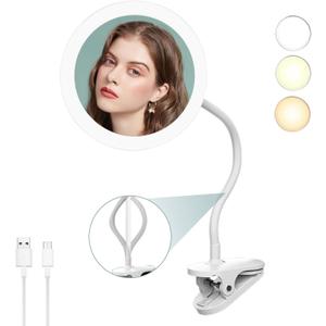 10X Magnifying Clip on Makeup Mirror Gooseneck, 6.5" Vanity Mirror with Light, 2000mAh USB Recharge 360° Rotating,Clip On Gooseneck Magnifying Vanity Mirror with Light,Travel Makeup Mirror (White 10X)