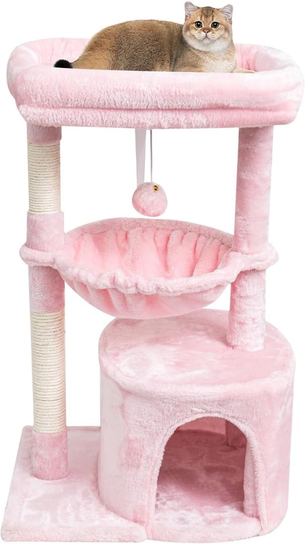 SYANDLVY Small Cat Tree for Indoor Cats, Cat Tower with Scratching Post, Modern Cat House with Padded Perch, Kittens Condo with Cradle, Cat Cave, Pink (29.6")