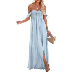 Happy Sailed Women's 2025 Summer Smocked Off The Shoulder Maxi Dresses Ruffle Short Sleeve A Line Side Slit Sundress (B Blue) S