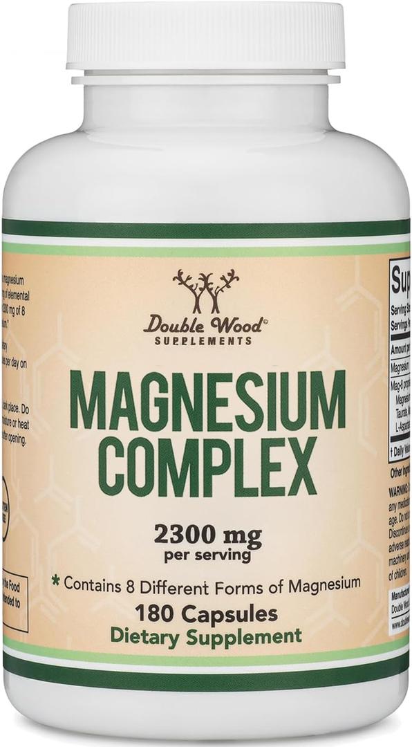 Magnesium Complex Supplement 180 Capsules (426mg Elemental Magnesium Provided by 2,300mg of Eight Different Forms of Magnesium) MAG-8 Provides 100% Daily Recommended Value of Magnesium by Double Wood. EXP 04/2027