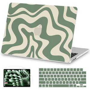 AKIT Compatible with MacBook Air 15 Inch Case 2026 2025-2023 M5 M4 M3 M2 A3448 A3241 A3114 A2941, Unique Pattern Hard Shell Laptop Case+Keyboard Cover+Screen Protector for Mac Air 15 Inch, Green Wave