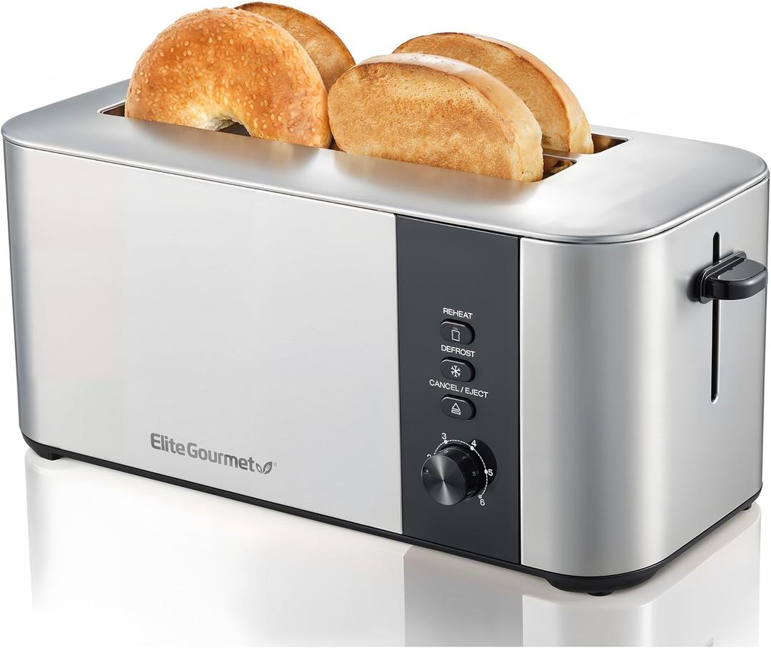 Elite Gourmet ECT3401 Long Slot 4 Slice Toaster, 1.5 Slot Width, 6 Toast Shade Settings, Reheat, Defrost & Cancel Functions, Extra Large Slots for Bagels, Waffles, Artisan Breads, Stainless Steel Elite Gourmet ECT3401 Long Slot 4 Slice Toaster, 1.5 Slot Width, 6 Toast Shade Settings, Reheat, Defrost & Cancel Functions, Extra Large Slots for Bagels, Waffles, Artisan Breads, Stainless Steel