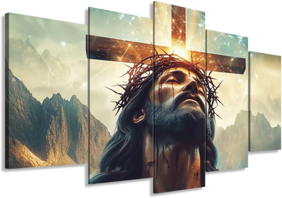 ZXHYWYM 5 Piece Christian Wall Art Jesus Pictures Set of 5 for Christ Church Dining Living Room Home Decor Cross Painting Canvas God Poster Prints Framed (Size 1)