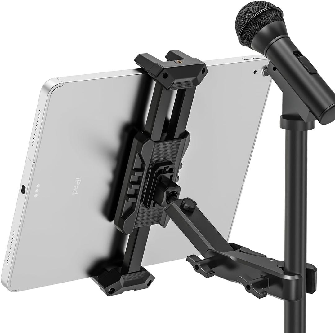 iPad Holder for Mic Stand, Extendable iPad Mic Music Stand Mount Holder with C-Clamp, 360 Rotation Adjustable Tablet Microphone Mount Holder for All 4.7-13.5" Tablet & Smartphones
