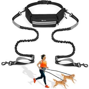 Hands Free Dog Leash with Dog Walking Fanny Pack for Large Medium Small Dogs, Heavy Duty Durable Reflective Waist Bungee Leash for Dog Training,Night Walking Running Jogging Hiking (Black)