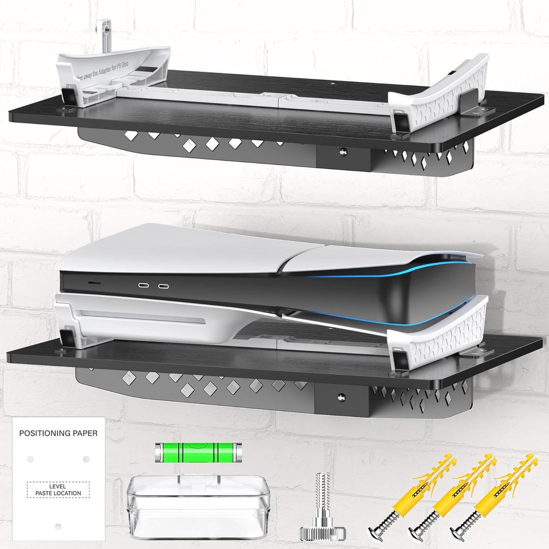 PS5 Slim Wall Mount Kit Horizontal, PS5 Shelf Wall Mount Horizontal for PlayStation 5 Slim Disc & Digital, PS5 Accessories Base Stand, Upgraded Floating PS5 Wall Mount with Screw Fixing