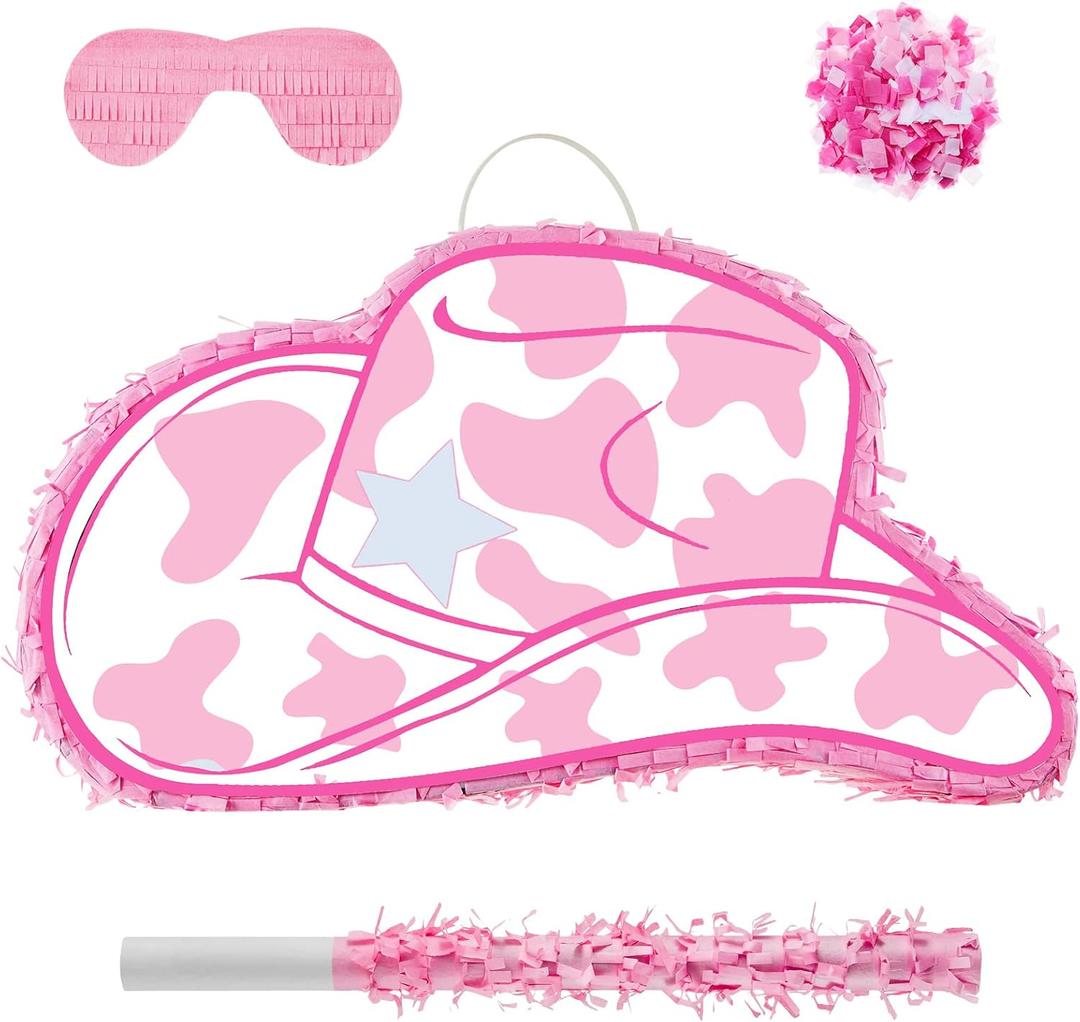 Lewtemi 15. 7 Inch Cowboy Hat Piata Western Cowboy Theme Birthday Party Decors Favors with Blindfold Stick Confetti Photo Prop Candy Supplies(Mottling)