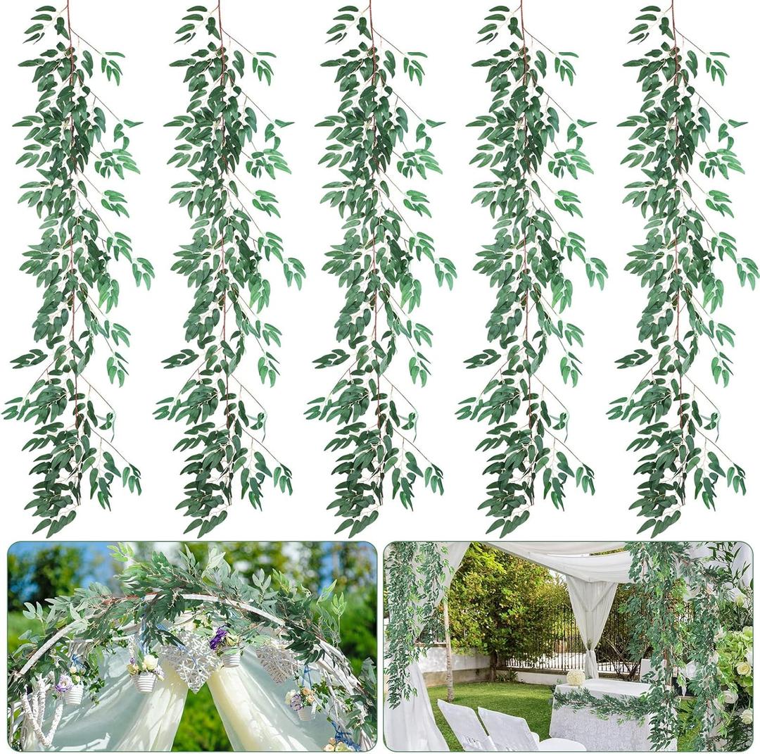 Janinka 5 Pack 6 ft Artificial Willow Leaves Garland Hanging Greenery Vine Twigs Italian Ruscus Fake Plant Faux Silk Ivy Wedding Garland for Home Farmhouse Outdoor Backdrop Table Decor(Light Green)