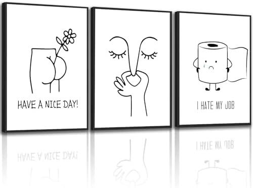 3pcs Funny Bathroom Wall Art Black and White Toilet Posters Prints Humorous Artwork Pictures Bad Smell Toilet Papers Roll Canvas Wall Decor for Minimalist Bathroom Toilet Decor 12×16 Inch Unframed