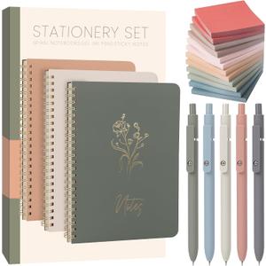 Cute Spiral Notebook Set For Women, Bible Journal Set, 3 Pack A5 Spiral Notebook + 5 PCS Gel Pens + 600 Sticky Notes + Gift Box, Aesthetic Gift Set for Work Students School Office Supplies (Simple & Elegant Aesthetic Set-Morandi)