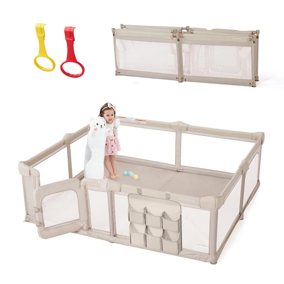 Baby Playpen,79"x59" Foldable Playpen for Babies and Toddlers with Gate ,Large Baby Play Pens with Zipper Door, Play Yards Play Area (Light Khaki)