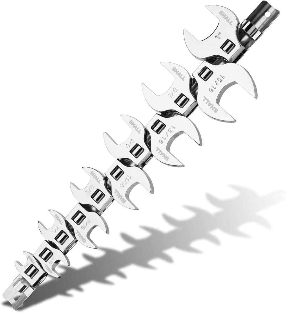 SHALL 3/8" Crows Foot Wrench Set, 11-Piece SAE Crowfoot Wrench Set with Clip-on Organizer, 3/8"-1", Tools for Mechanics, Access Fasteners in Tight Spaces