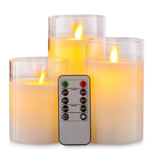 Rechargeable Flameless Candle, Flashing LED Pillar Real Wax Candle with Remote Control and Timer, Teardrop Wick, Clear Glass Electronic Candles, 1 Set of 5