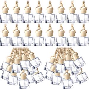 BBTO 200 Pcs Hanging Car Diffuser Bottles Bulk, Empty Clear Glass Air Freshener Bottles with Wooden Cap for Perfume Essential Oils Fragrance Aromatherapy Ornament(Square)