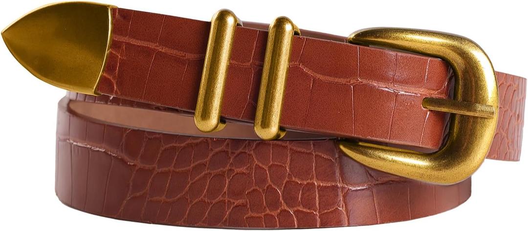 Scarlet Darkness Women Synthetic Leather Belts with Buckle 23mm Wide Belt for Jeans Pant Dress (Small, Textured Brown Gold Buckle)