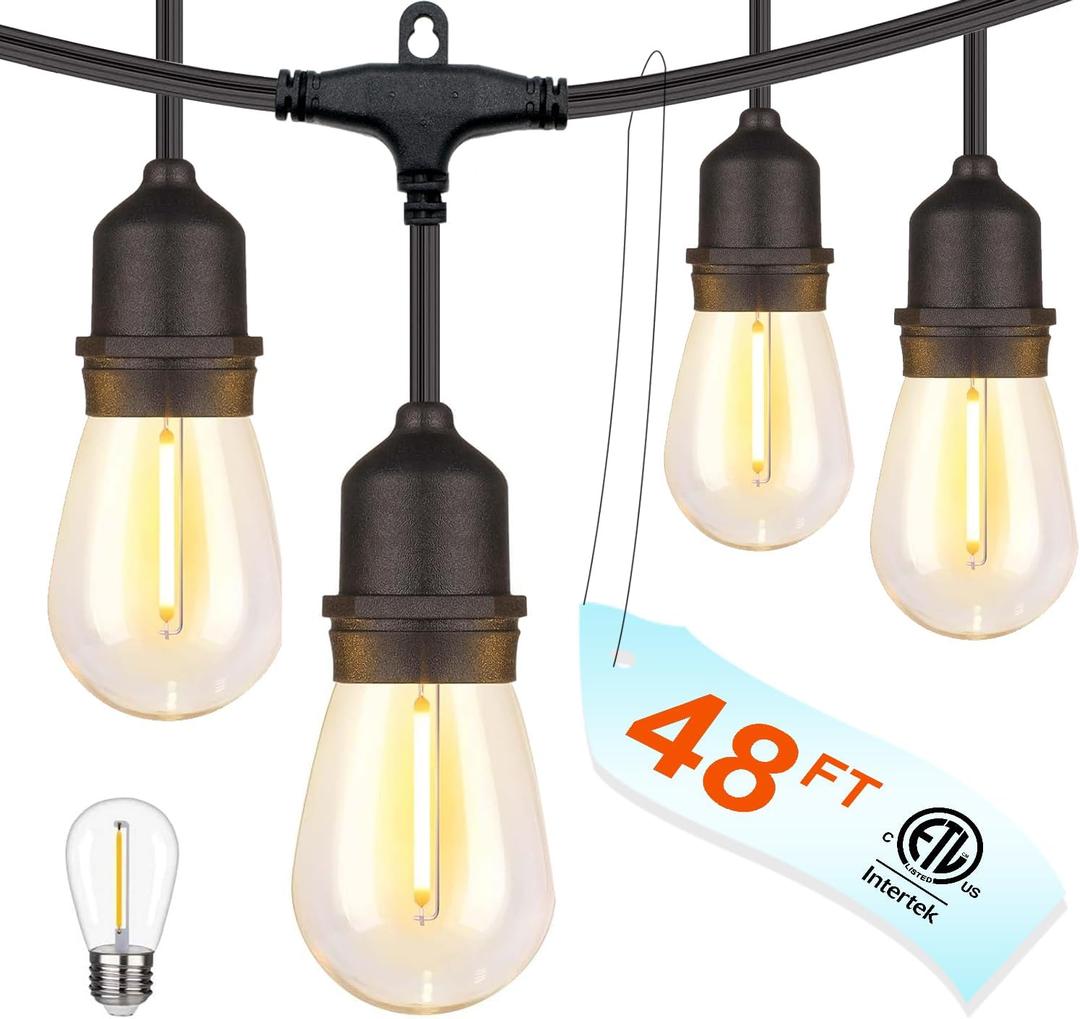 48FT Outdoor Waterproof String Lights with 25 Shatterproof Bulbs, IP65 Patio Lights for Garden Wedding Cafe - Tangle-Free Cables with Hooks (Warm White)