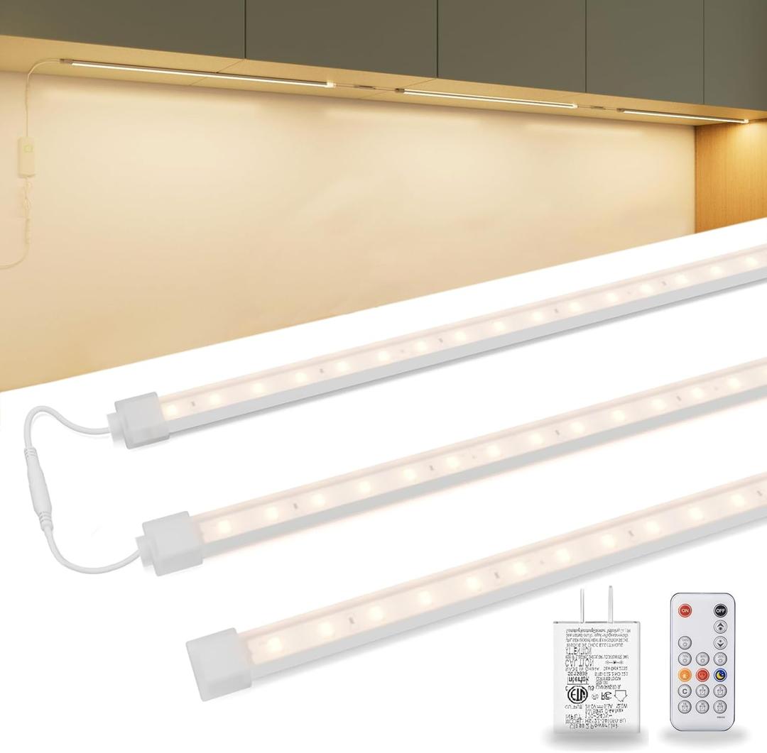 3-Pack 24 inch Under Cabinet Lighting Plug in, Upgrade Undercabinet Lights for Kitchen, Warm White 3000K LED Strip Lights, Under Counter Lights for,Cupboard,Workbench,Desk,Closet,Shelf