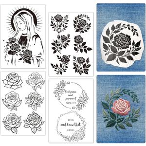 Rngmsi Water Soluble Embroidery Patterns - 4 Sheets Guadalupe Flower Stick and Stitch Embroidery Designs, Bible Floral Garland ReligiousTheme Wash Away Transfer Paper Stabilizers for Hand Sewing