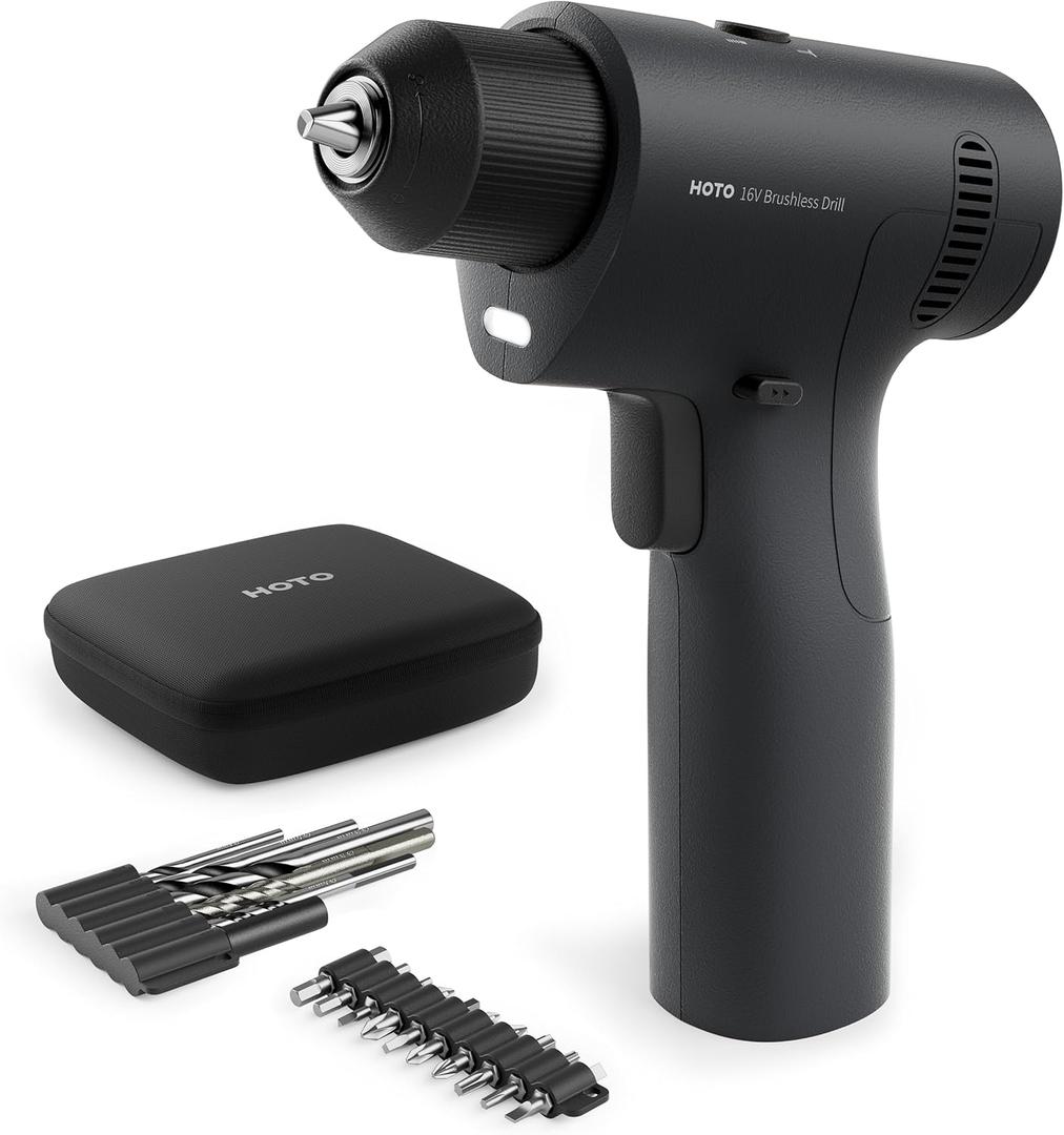 HOTO 16V Brushless Power Drill, 50 Nm High Torque with Smart Display, Auto Mode and LED Light, 10 Bits, 5 Drill Bits, 3/8 Keyless Chuck, Two Working Modes, Perfect for Home Repairs and Projects