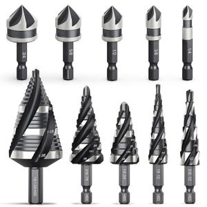 THINKWORK 5 Pcs Four Spiral Flute Step Drill Bit Set & 5 Pcs Countersink Drill Bits with Tool Box, Nitriding HSS Drill Bits for Metal, Aluminum, Wood, Plastic