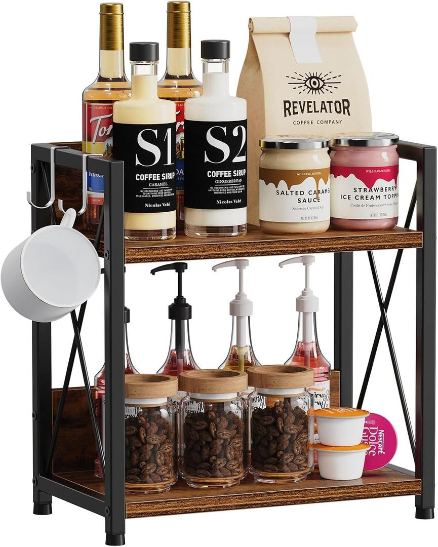 Snughome Coffee Bar Organizer, Kitchen Counter Shelf, Wood Countertop Organizer, 2 Tier Coffee Station (Rustic Brown, Medium)