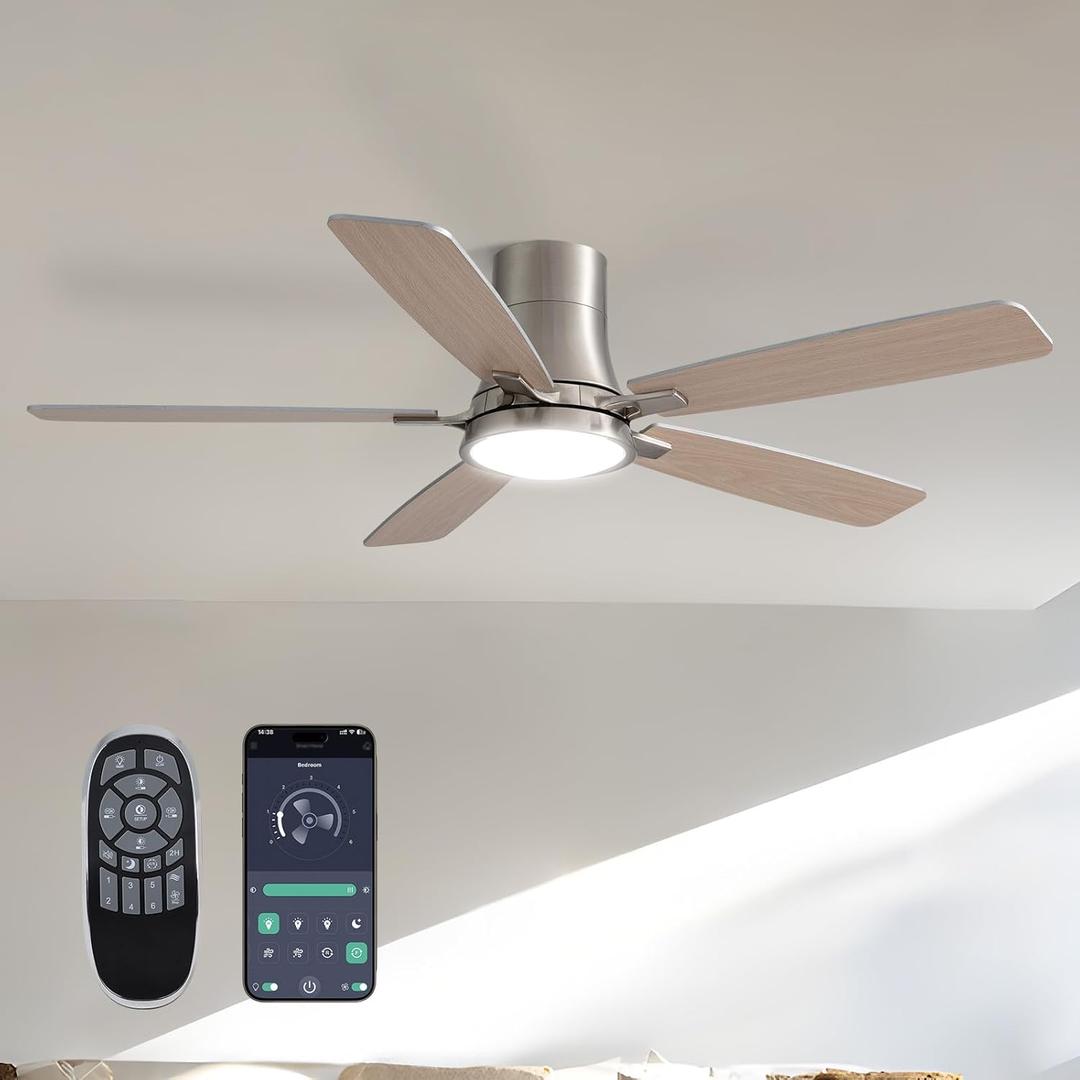 52 Inch Low Profile Ceiling Fan with Light and Remote Flush Mount Ceiling Fans, Noiseless, 6 Speeds Reversible, Dimmable, Ceiling Fan for Bedroom, Living Room