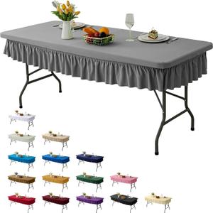 4ft Light Grey Stretch Tablecloth for Rectangular Tables - Flared Wrap Design, Waterproof, Wrinkle-Resistant, Washable - Ideal for Weddings, Parties, Banquets & Table Protection