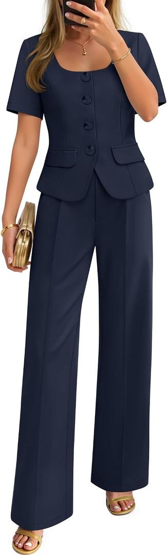 ZESICA Women's Summer Two Pieces Suits Set 2026 Short Sleeve Blazer Wide Leg Pants Business Casual Outfits Sets (Blue, XL)