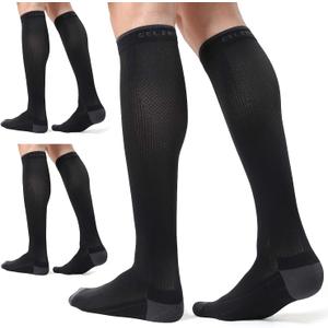 CS CELERSPORT 3 Pairs Compression Socks for Men and Women 20-30 mmHg Running Support Socks (Black, L)
