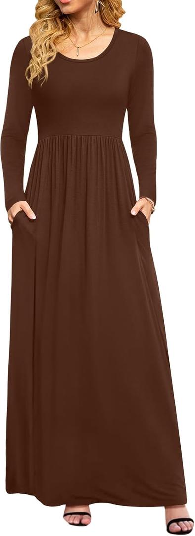 DB MOON Women Casual Long Sleeve Maxi Dresses Empire Waist Long Dress with Pockets (Large, Brown 02)