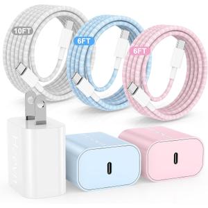 Hzevn 20W USB C Fast Charging for iPhone 17 Air/16/15 Pro Max,3Pack Colorful Mixed Charger Block with Braided Long USB C to C Cables (6/6/10ft) Compatible with iPhone16/15 Pro/15 Plus/iPad Pro (White+Pink+Blue)