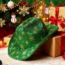 Christmas Cowboy Cowgirl Santa Hat Western Hat Gliiter Party Hat for Women and Men for Christmas Party Activity (Green)