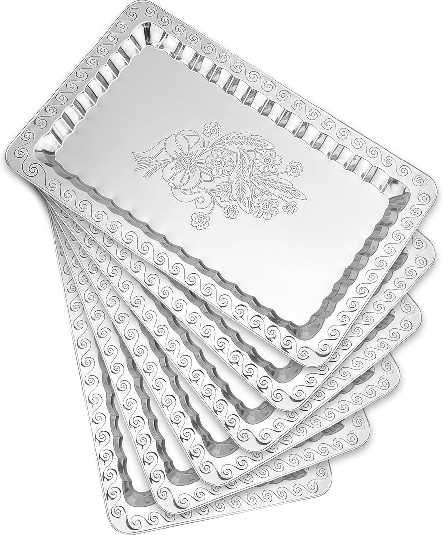 6-Pack Silver Serving Trays Set (14" x 9") Swirl Floral Engraved Serving Platters for Parties, Weddings, Birthdays, Festive Occasions Mirror Trays for Charcuterie, Cookies, Desserts, Snacks, Fruit