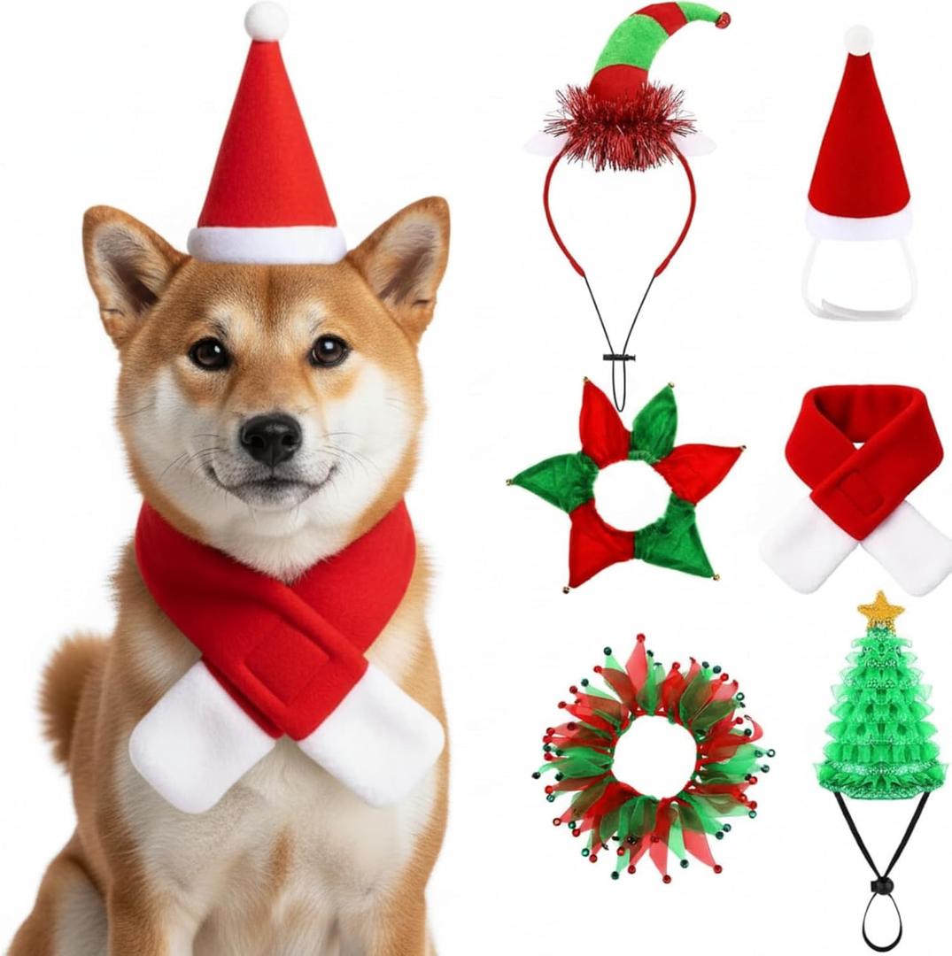 Talltalk 3 Packs Pet Christmas Costume Includes 3 Dog Christmas Caps with 3 Dog Collars and Scarves, Santa Xmas Tree Pet Costume Accessories for Puppy Cat Winter New Year Holiday Supplies