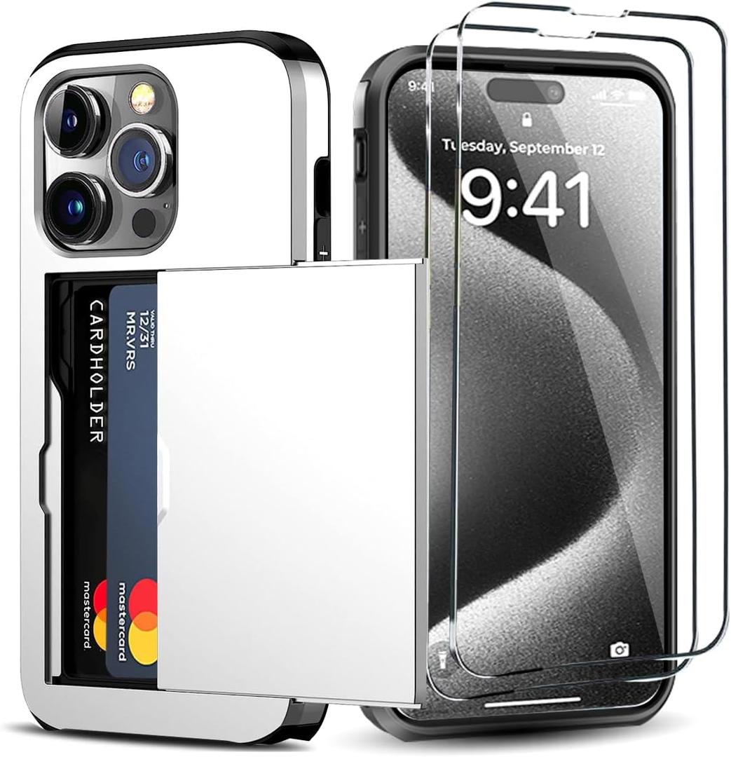 for iPhone 15 Pro Wallet Case with Card Holder + 2 Tempered Glass Screen Protector, Heavy Duty Protective Dual Layer Shockproof Hidden Card Slot Slim Case Women Men 6.1 inch (White)