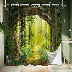 Green Enchanted Forest Hookless Shower Curtain with Snap in Liner Set, Tree Scenic Nature No Hook Shower Curtains for Bathroom, Liner with Magnets, Waterproof Cloth Fabric, 71" W x 74" L