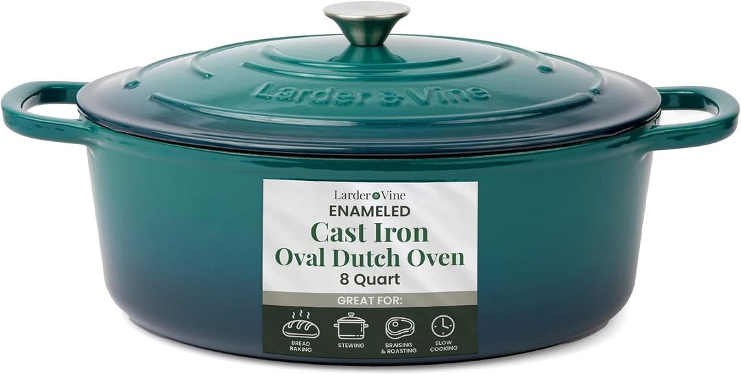 Larder & Vine Enameled Cast Iron 8 qt Dutch Oven Pot with Lid | Bread Baking | Compatible on All Cooktops & Oven Safe to 500 F | Great for Sourdough Bread | Bondi