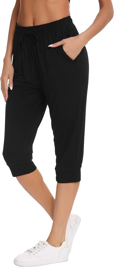 Vlazom Cotton Women's Pajama Bottoms Capri Lounge Pants Casual Cropped Pjs Trouser with Pockets & Drawstring XXL