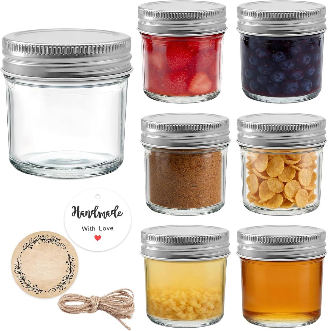 6 Pack Mini Mason Jars 2 oz Glass Jars with Lids, Small Glass Jars for Jam Ginger Shots Honey Spices Wedding Favors, Includes Labels, String & Handmade Tags