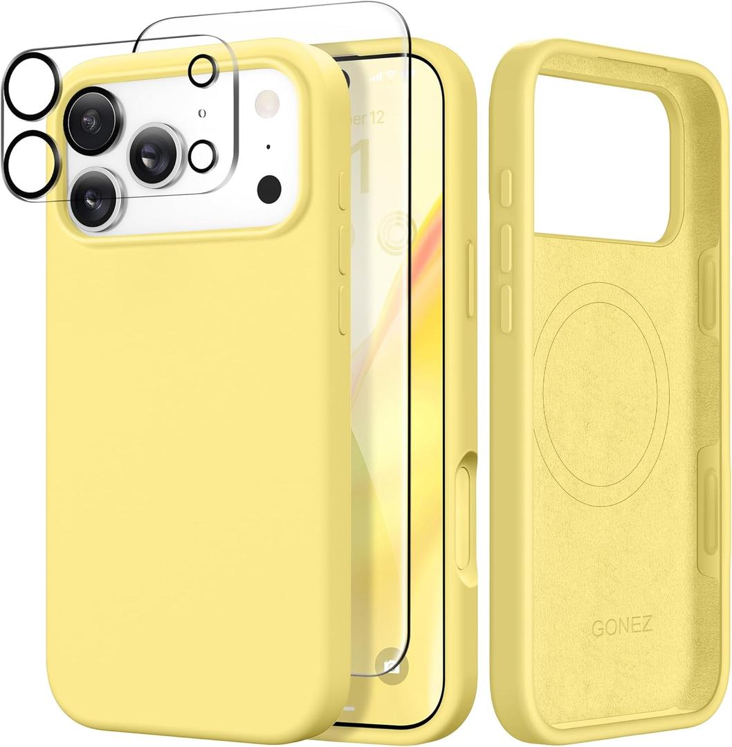 GONEZ Magnetic for iPhone 17 Pro Max Case, Compatible with MagSafe, [Screen Protector + Camera Lens Protector], Liquid Silicone Anti-Scratch Shockproof Protective Phone Case 6.9 inch, Yellow