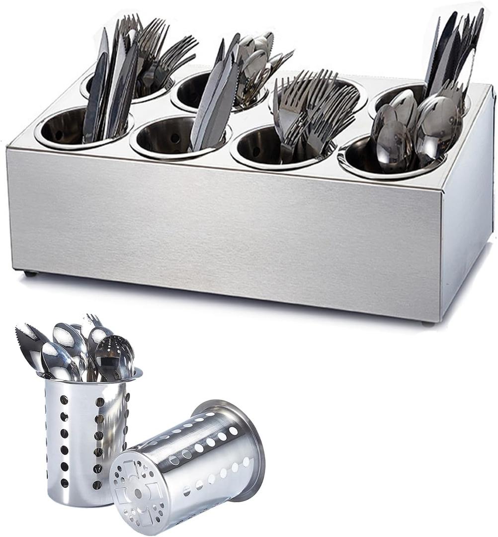 Commercial Utensil Holder for Kitchen Counter, Silverware Organizer 8 Cups Large Utensil Holder Stainless Steel for Restaurant, Metal Utensil Caddy Cutlery Organizer for Countertop, Silver