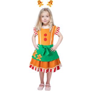 bakjuno Gingerbread Girl Costume Christmas Gingerbread Girl Dress+ Gingerbread Headband (5-6 Years, Brown)