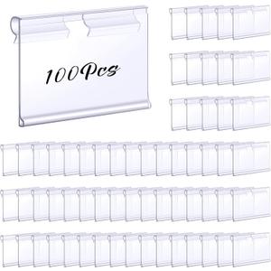 Tatuo 100 Pcs Reusable Plastic Wire Shelf Label Holders, Clear Price Card Sign for Pantry Retail Supermarket Merchandise Shopping Mall Shop Ticket Display Holder Clip on Design, 2.36" L x 1.65" H