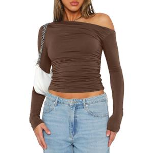 Darong Women's Casual Long Sleeve Boat Neck Off Shoulder Slim Fit Crop Top Going Out Blouses Y2K Tight Shirts,  Medium