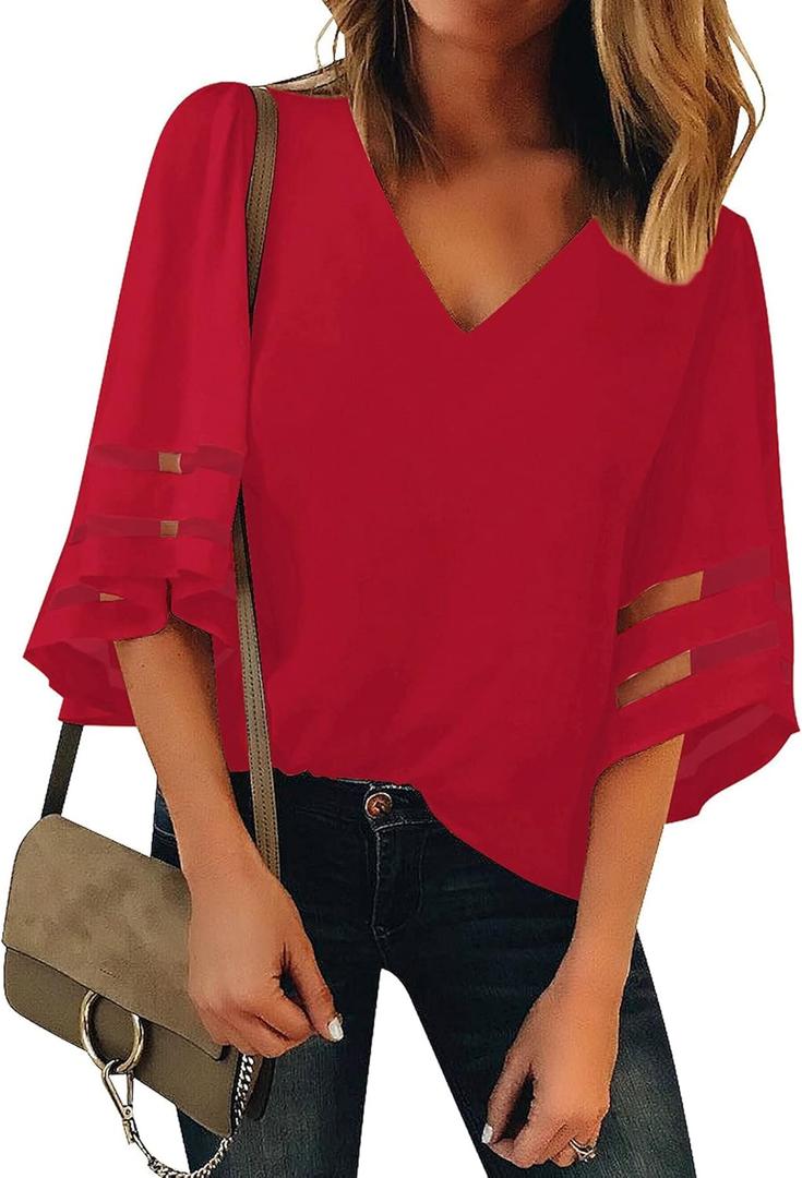 luvamia Women's Casual V Neck Blouse 3/4 Bell Sleeve Mesh Panel Shirts Loose Top (X-Large, A True Red)