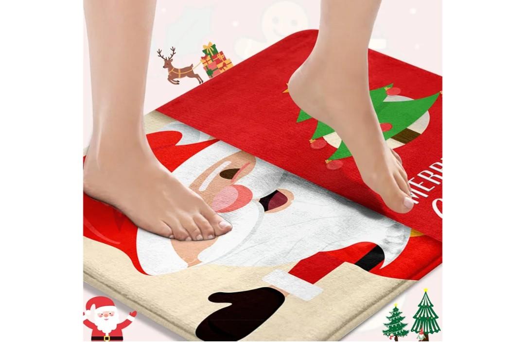 Britimes Bath Mat for Bathroom, Red Christmas Pattern Washable Cover Floor Rug Carpets Floor Mat Bathroom Decorations 18x30 Inches for Kitchen Bedroom Indoor