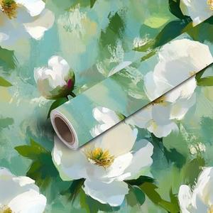 24"x118" Peel and Stick Wallpaper Seamless Floral Beige Blue Green Flower Bouquet White Peony Flowers Contact Paper Self Adhesive Removable Wallpaper Waterproof for Backsplash Bedroom Kitchen